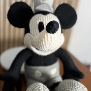 Disney Parks Mickey Mouse Crochet Knit Steamboat Willie Stuffed Plush Black Grey